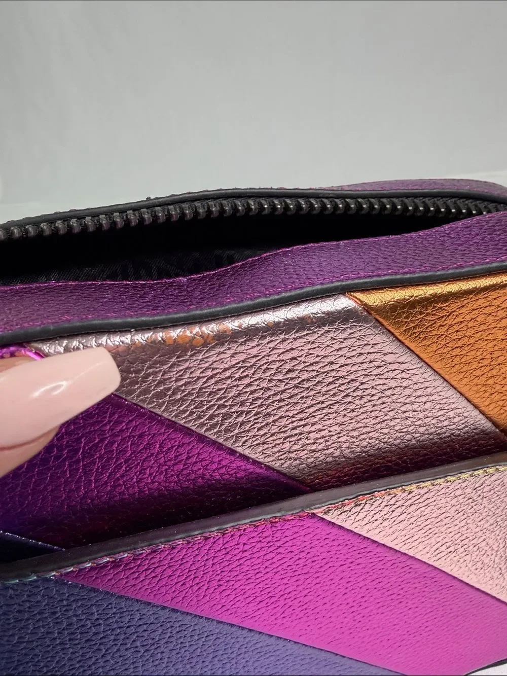 Kurt Geiger Rainbow Diagonal Stripe Leather Crossbody with Purple Strap